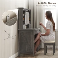 HOMCOM Vanity Desk Set with Mirror and Lights, Cushioned Stool, Storage Drawer, Cabinet, Shelves for Bedroom, Gray(m-9)