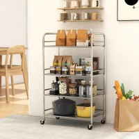 HOMCOM 4 Tier Stainless Steel Rolling Cart with Adjustable Shelves, Utility Cart on Wheels with Handles for Kitchen, Silver(m-1)