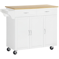 HOMCOM Rolling Kitchen Island Cart on Wheels with Large Bamboo Countertop, 2 Cabinets with Drawers, Adjustable Shelves, White