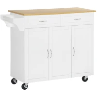 HOMCOM Rolling Kitchen Island Cart on Wheels with Large Bamboo Countertop, 2 Cabinets with Drawers, Adjustable Shelves, White(m-1)