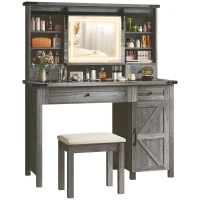 HOMCOM Vanity Desk Set with Mirror and Lights, Cushioned Stool, Storage Drawer, Cabinet, Shelves for Bedroom, Gray(m-11)