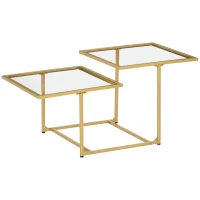 HOMCOM Coffee Table, Tempered Glass Coffee Table with 2 Square Tabletops, Modern Coffee Tables for Living Room, Bedroom, Gold(m-1)