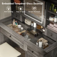 HOMCOM Vanity Desk Set with Mirror and Lights, Cushioned Stool, Storage Drawer, Cabinet, Shelves for Bedroom, Gray(m-8)