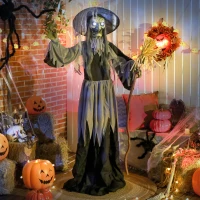 Outsunny Animatronics Standing Witch, Voice-Activated Prop, Spinning Head & Flashing Eyes, Easy Setup Indoor, Black(m-8)