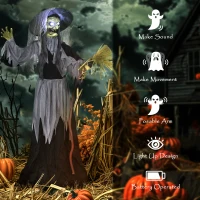 Outsunny Animatronics Standing Witch, Voice-Activated Prop, Spinning Head & Flashing Eyes, Easy Setup Indoor, Black(m-6)