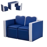 Qaba Kids Sofa Set 2-in-1 Multi-Functional Toddler Table Chair Set 2 Seat Couch Storage Box Soft Sturdy Blue(m-1)