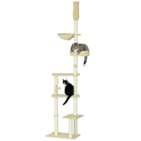 PawHut Floor to Ceiling Cat Tree, Cat Climbing Tower with Platforms, Bed, Hammock, Scratching Posts, Toy Balls, Beige(m-1)