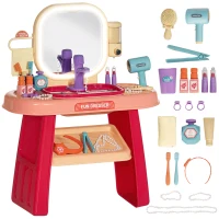 Qaba Kids Vanity Set with Mirror, LED Light, Music, 23 Accessories, Pretend Play Set for Girls 3-6 Years, Pink(m-11)