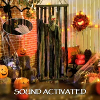 Outsunny Animatronics Hanging Skeleton Reaper in Cage, Voice-Activated Prop with Flashing Eyes, Easy Setup Indoor(m-6)