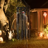 Outsunny Animatronics Hanging Skeleton Reaper in Cage, Voice-Activated Prop with Flashing Eyes, Easy Setup Indoor(m-1)