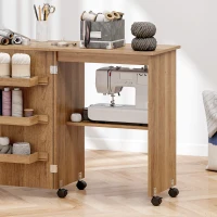 HOMCOM Sewing Machine Cabinet, Folding Sewing Table with Storage Shelf, Bins and Lockable Wheels for Small Space, Brown(m-10)