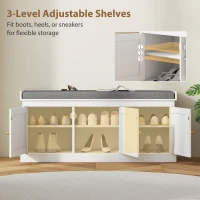 HOMCOM Shoe Storage Bench with Woven Rattan Doors, Shoe Bench with Cushion, Adjustable Shelves, Entryway Bench, White(m-7)