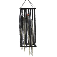 Outsunny Animatronics Hanging Skeleton Reaper in Cage, Voice-Activated Prop with Flashing Eyes, Easy Setup Indoor(m-11)