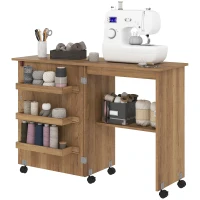 HOMCOM Sewing Machine Cabinet, Folding Sewing Table with Storage Shelf, Bins and Lockable Wheels for Small Space, Brown(m-2)
