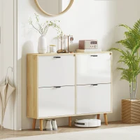 HOMCOM Narrow Shoe Cabinet, High Gloss Shoe Storage Cabinet with 4 Flip Drawers and Adjustable Shelves, Holds 20 Pairs, White(m-9)