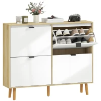 HOMCOM Narrow Shoe Cabinet, High Gloss Shoe Storage Cabinet with 4 Flip Drawers and Adjustable Shelves, Holds 20 Pairs, White(m-11)