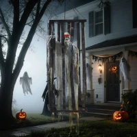 Outsunny Animatronics Hanging Skeleton Reaper in Cage, Voice-Activated Prop with Flashing Eyes, Easy Setup Indoor(m-9)