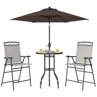 Outsunny 4 Piece Outdoor Bar Set with Umbrella, Patio Dining Set with 2 Folding Chairs, Wave Textured Tempered Glass Table for Backyard, Garden, Deck, Poolside, Beige(m-11)