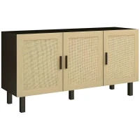 HOMCOM Boho Sideboard Buffet Cabinet with 3 Rattan Doors, Kitchen Cabinet with Adjustable Shelves, Black and Natural(m-11)