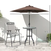 Outsunny 4 Piece Outdoor Bar Set with Umbrella, Patio Dining Set with 2 Folding Chairs, Wave Textured Tempered Glass Table for Backyard, Garden, Deck, Poolside, Beige(m-3)