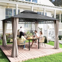 Outsunny 10' x 12' Outdoor Gazebo Canopy, Double Roof Hardtop Gazebo with Polycarbonate Roof, Steel Frame, Nettings and Curtains, for Garden, Lawn, Backyard and Deck, Khaki(m-1)