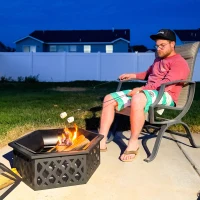 Outsunny 28" Outdoor Fire Pit with Grill Hexagon Fireplace Wood Burning Firepit with Cooking Grate, Fire Poker, Spark Screen Lid(m-9)