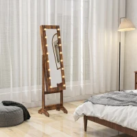 HOMCOM Free Standing Armoire Organizer, Lighted Mirrored Jewelry Cabinet w/ Angle Adjustable & 16 LED Lights Rustic Brown(m-9)