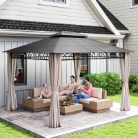 Outsunny 10' x 12' Outdoor Gazebo Canopy, Double Roof Hardtop Gazebo with Polycarbonate Roof, Steel Frame, Nettings and Curtains, for Garden, Lawn, Backyard and Deck, Khaki(m-9)