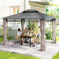 Outsunny 10' x 12' Outdoor Gazebo Canopy, Double Roof Hardtop Gazebo with Polycarbonate Roof, Steel Frame, Nettings and Curtains, for Garden, Lawn, Backyard and Deck, Khaki(m-8)