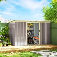Outsunny 9' x 4' Garden Metal Storage Shed Outdoor Equipment Tool Box with Foundation Kit, Ventilation & Doors, Light Grey(m-8)