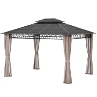 Outsunny 10' x 12' Outdoor Gazebo Canopy, Double Roof Hardtop Gazebo with Polycarbonate Roof, Steel Frame, Nettings and Curtains, for Garden, Lawn, Backyard and Deck, Khaki(m-11)