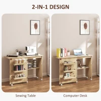 HOMCOM Sewing Machine Cabinet, Folding Sewing Table with Storage Shelf, Bins and Lockable Wheels for Small Space, Nature Wood(m-6)