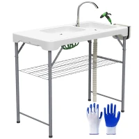 Outsunny Folding Fish Cleaning Table with Sinks, Portable Camping Sink Table with Faucet, Drainage Hose, Sprayer, Shelf, Drawer and Storage Basket, Outdoor Fillet Table for Picnic Beach Patio, White(m-11)