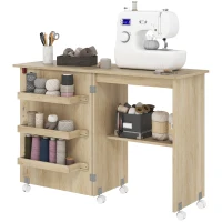 HOMCOM Sewing Machine Cabinet, Folding Sewing Table with Storage Shelf, Bins and Lockable Wheels for Small Space, Nature Wood(m-2)