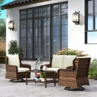 Outsunny 4 Piece Rattan Patio Furniture Set, Conversation Set with Swivel Glider Chairs Table Loveseat for Garden, Patio, Cream(m-10)
