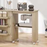 HOMCOM Sewing Machine Cabinet, Folding Sewing Table with Storage Shelf, Bins and Lockable Wheels for Small Space, Nature Wood(m-10)