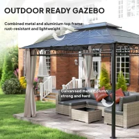 Outsunny 10' x 12' Outdoor Gazebo Canopy, Double Roof Hardtop Gazebo with Polycarbonate Roof, Steel Frame, Nettings and Curtains, for Garden, Lawn, Backyard and Deck, Khaki(m-6)