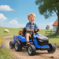 Qaba 12V Kids Ride On Tractor with Trailor, Remote Control, Music, Lights, Shifter, for Kids Ages 3-8 Years, Blue(m-8)