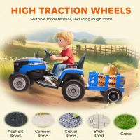 Qaba 12V Kids Ride On Tractor with Trailor, Remote Control, Music, Lights, Shifter, for Kids Ages 3-8 Years, Blue(m-10)