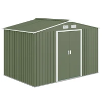 Outsunny 9' x 6' Outdoor Storage Shed, Garden Tool Metal Shed with Foundation Kit, Double Lockable Door, Air Vents and Sloping Roof, for Backyard, Patio, Lawn, Green(m-1)