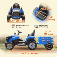 Qaba 12V Kids Ride On Tractor with Trailor, Remote Control, Music, Lights, Shifter, for Kids Ages 3-8 Years, Blue(m-3)
