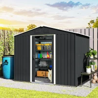 Outsunny 8' x 6' Outdoor Storage Shed, Metal Garden Tool Storage House with Lockable Sliding Doors and Vents for Backyard Patio Lawn, Charcoal Grey(m-8)
