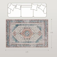 HOMCOM 4x6 Area Rug, Vintage Machine Washable Rug, Non-Slip Floor Carpet for Living Room, Bedroom, Dining Room, Brown and Blue(m-3)
