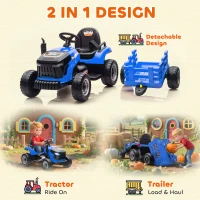 Qaba 12V Kids Ride On Tractor with Trailor, Remote Control, Music, Lights, Shifter, for Kids Ages 3-8 Years, Blue(m-5)