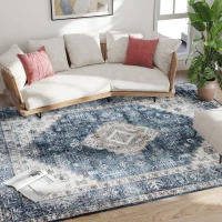 HOMCOM 8x10 Area Rug, Vintage Washable Rug, Non-Slip Floor Carpet for Living Room, Bedroom, Dining Room, Blue(m-8)