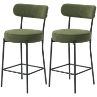 HOMCOM Set of 2 Barstools, Upholstered Corduroy Bar Stools with Backrest, Footrest for Kitchen Island, Dining Room, Green(m-2)