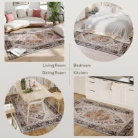 HOMCOM Area Rug 4x6, Machine Washable Rug, Non-Slip Boho Print Pattern Medallion Carpet for Living Room, Bedroom, Tawny Brown(m-6)