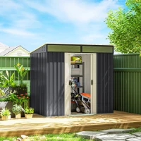 Outsunny 6.5x4FT Galvanised Metal Shed with Foundation Kit, Lockable Garden Tool Storage House with Sliding Doors, Vents, Grey(m-8)