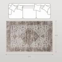 HOMCOM 4x6 Area Rug, Vintage Machine Washable Rug, Non-Slip Floor Carpet for Living Room, Bedroom, Dining Room, Tan(m-3)