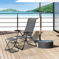Outsunny Patio Lounge Chair Outdoor Lounger Recliner Folding Camping Chair with Footrest and Storage Pocket, Black Grey(m-2)